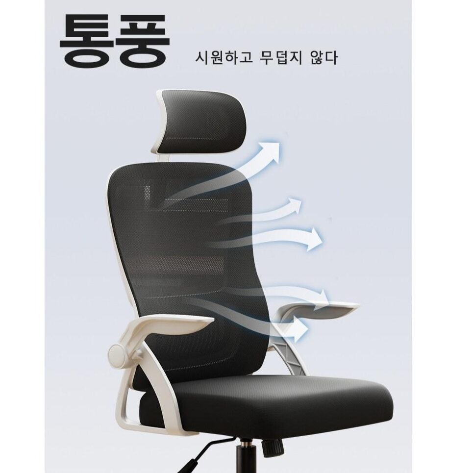 인체공학 메쉬 사무용의자 헤드레스트 요추지지 90도 팔걸이 조절형 장시간 편한 학습용 책상의자, 블랙할인 상세 이미지 1