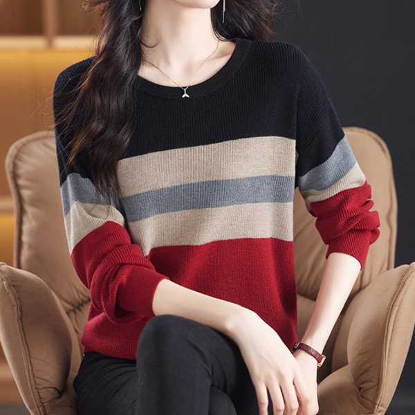 나바바 NK2498 여성 캐주얼 배색 라운드넥 긴팔 니트티 상세 이미지 1