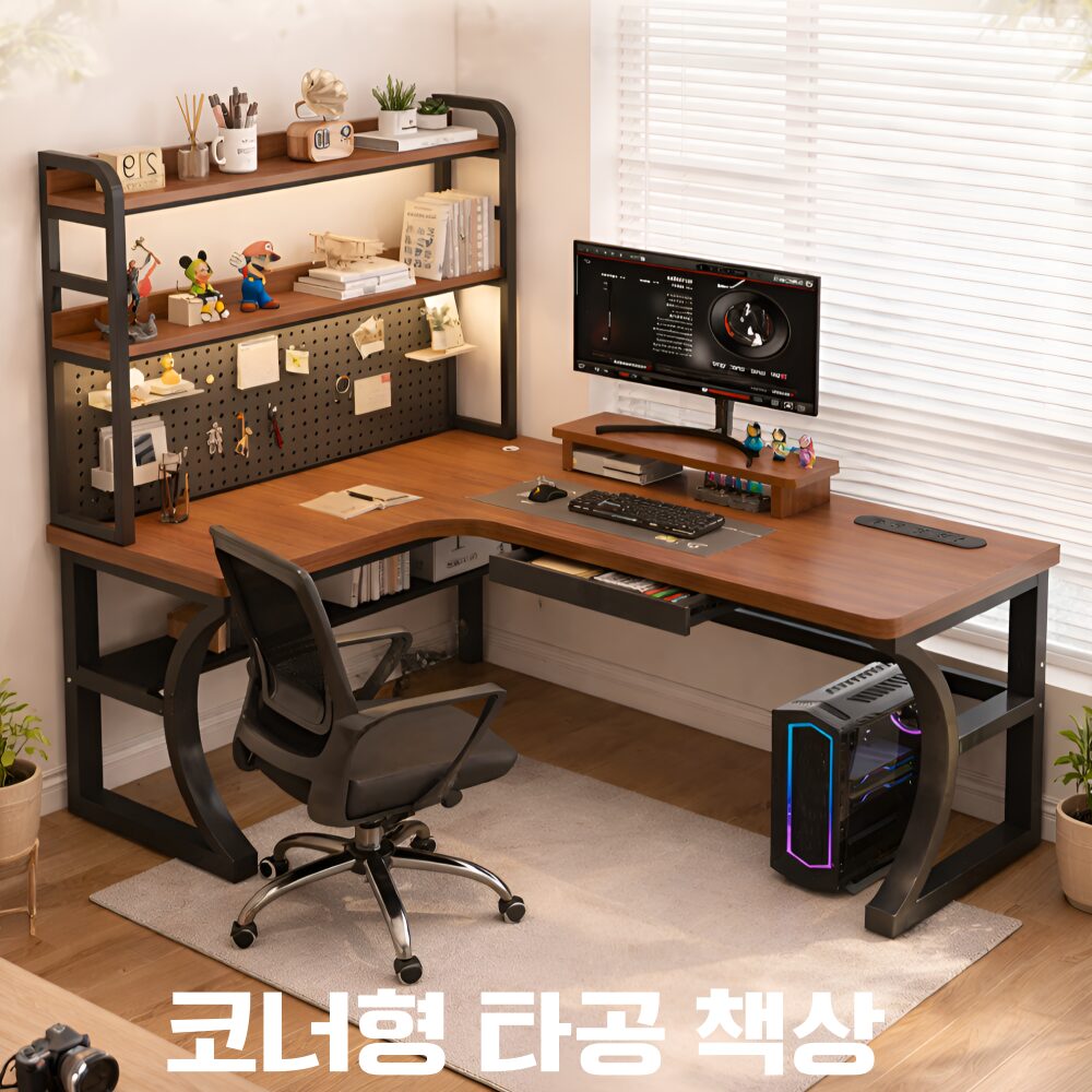 하이젠가구 튼튼한 코너형 책상 ㄱ자책상 컴퓨터책상 게이밍 학생 사무용 책꽂이 타공, 화이트 상세 이미지 1