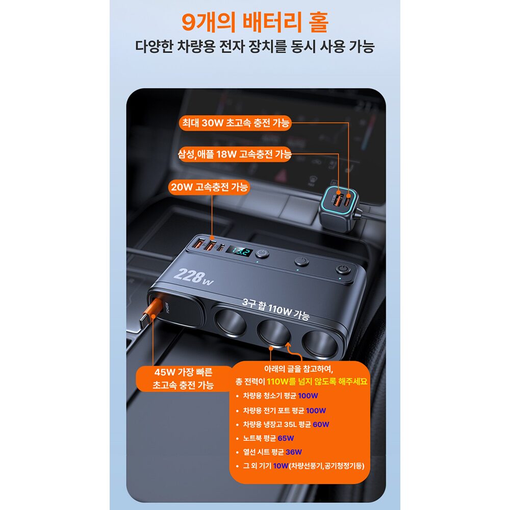 푸른빛 차량 시거잭 멀티소켓 고속충전기 시가잭 멀티포트 차량용 멀티시거잭, 3구, 1개쿠폰할인 상세 이미지 2