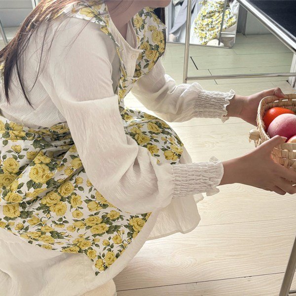 아넬론 플라워 패턴 프릴 앞치마 꽃집 어린이집 공방 주방 미술 카페 어린이집, 핑크, FREE, 1개 상세 이미지 2