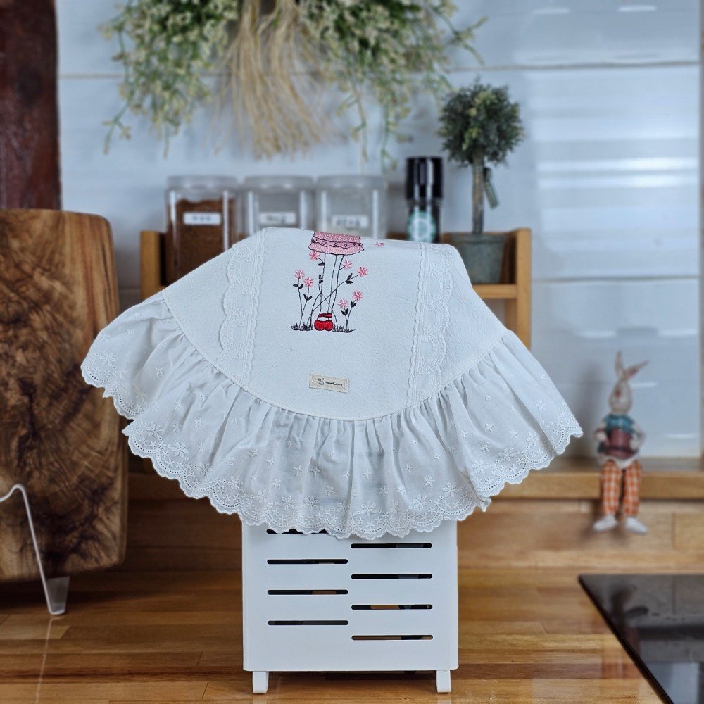 홈수니 전기밥솥 에어프라이어 커버 워싱광목 친구자수, 핑크 상세 이미지 2