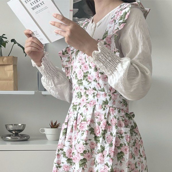 아넬론 플라워 패턴 프릴 앞치마 꽃집 어린이집 공방 주방 미술 카페 어린이집, 핑크, FREE, 1개 상세 이미지 2