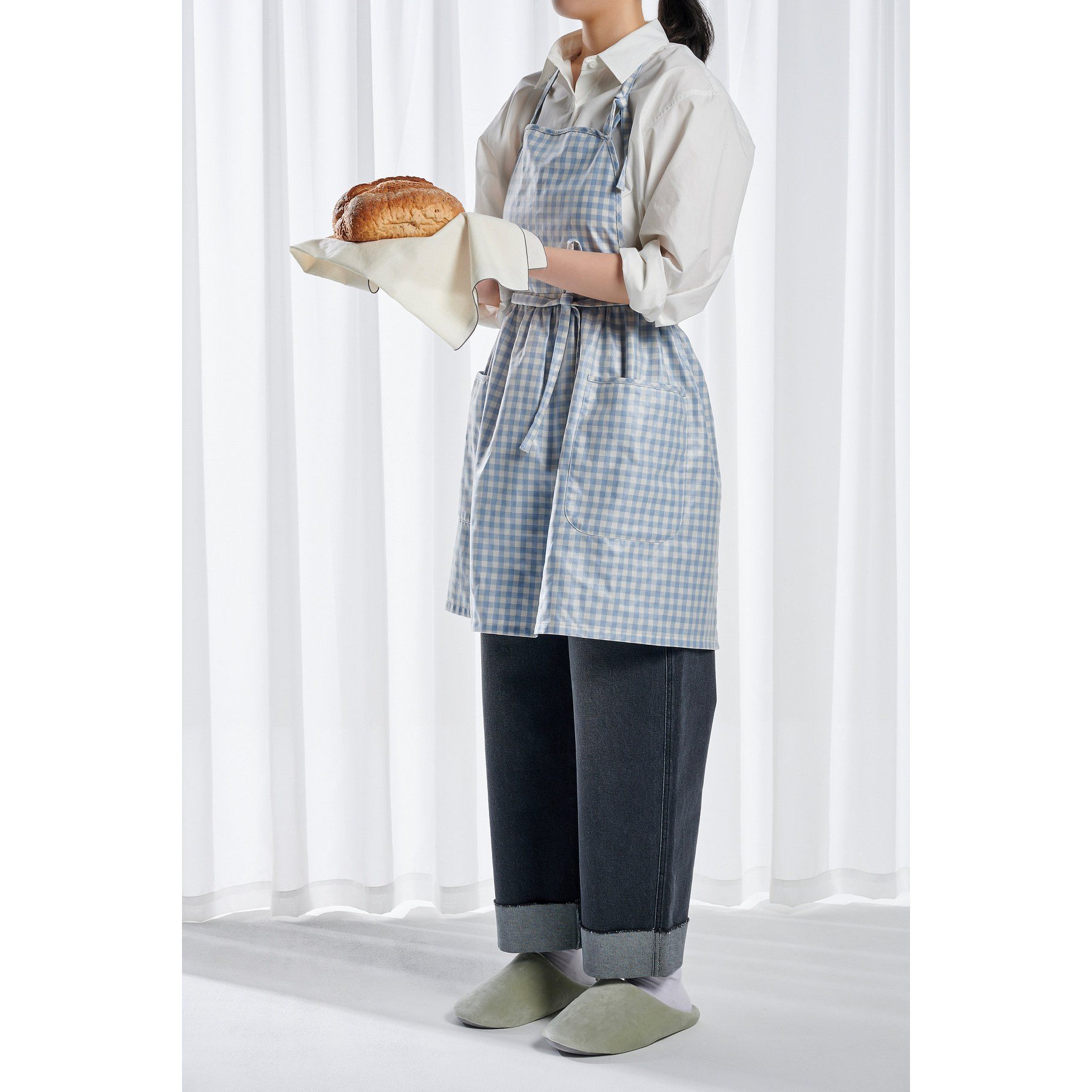 [JAJU/자주] 방수 원피스 체크 앞치마_73CM_블루, 1개, 블루 상세 이미지 2